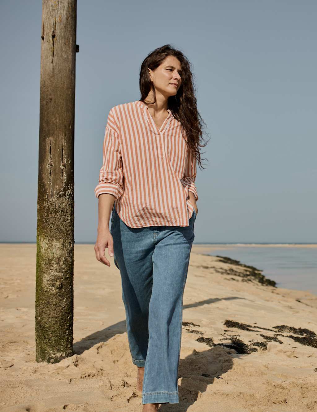 Pure Cotton Striped Notch Neck Blouse