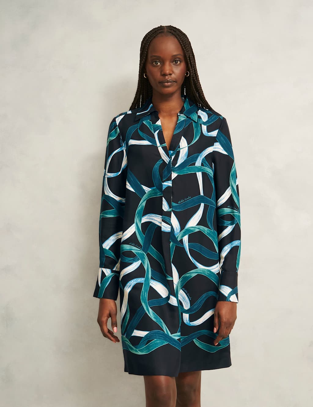 HOBBS Printed Collared V-Neck Knee Length Tunic Navy