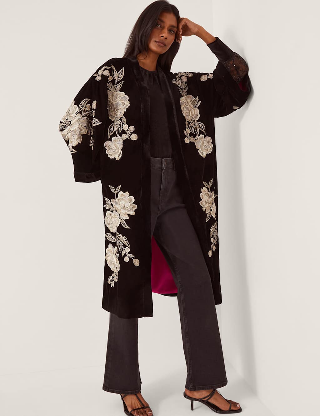 Monsoon Velvet Embroidered Longline Kimono Black