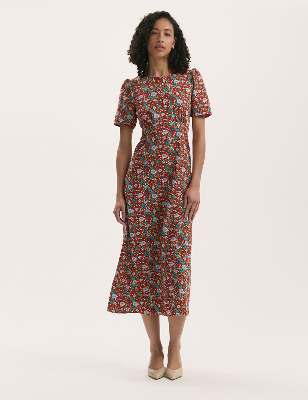 Finery London Women's Floral Round Neck Midi Tea Dress - 16 - Red Mix - Available at M&S