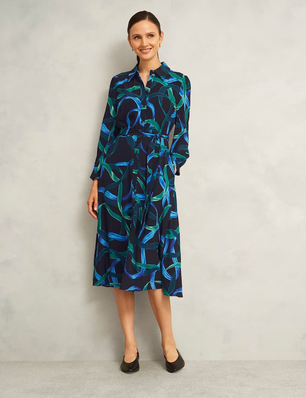HOBBS Printed Button Through Tie Waist Shirt Dress Navy