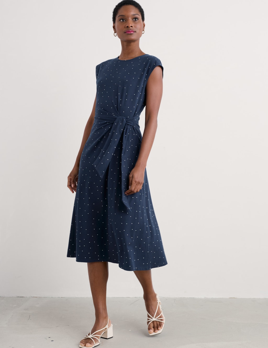 Cotton Rich Polka Dot Midi Waisted Dress