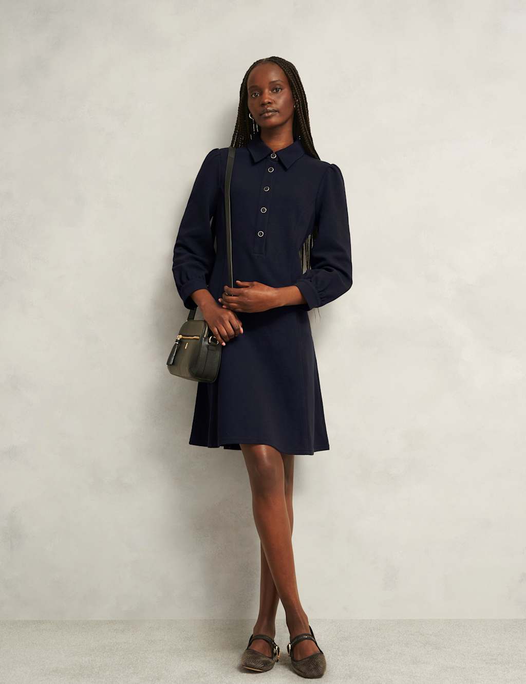 HOBBS Cotton Rich Collared Mini Shift Dress Navy