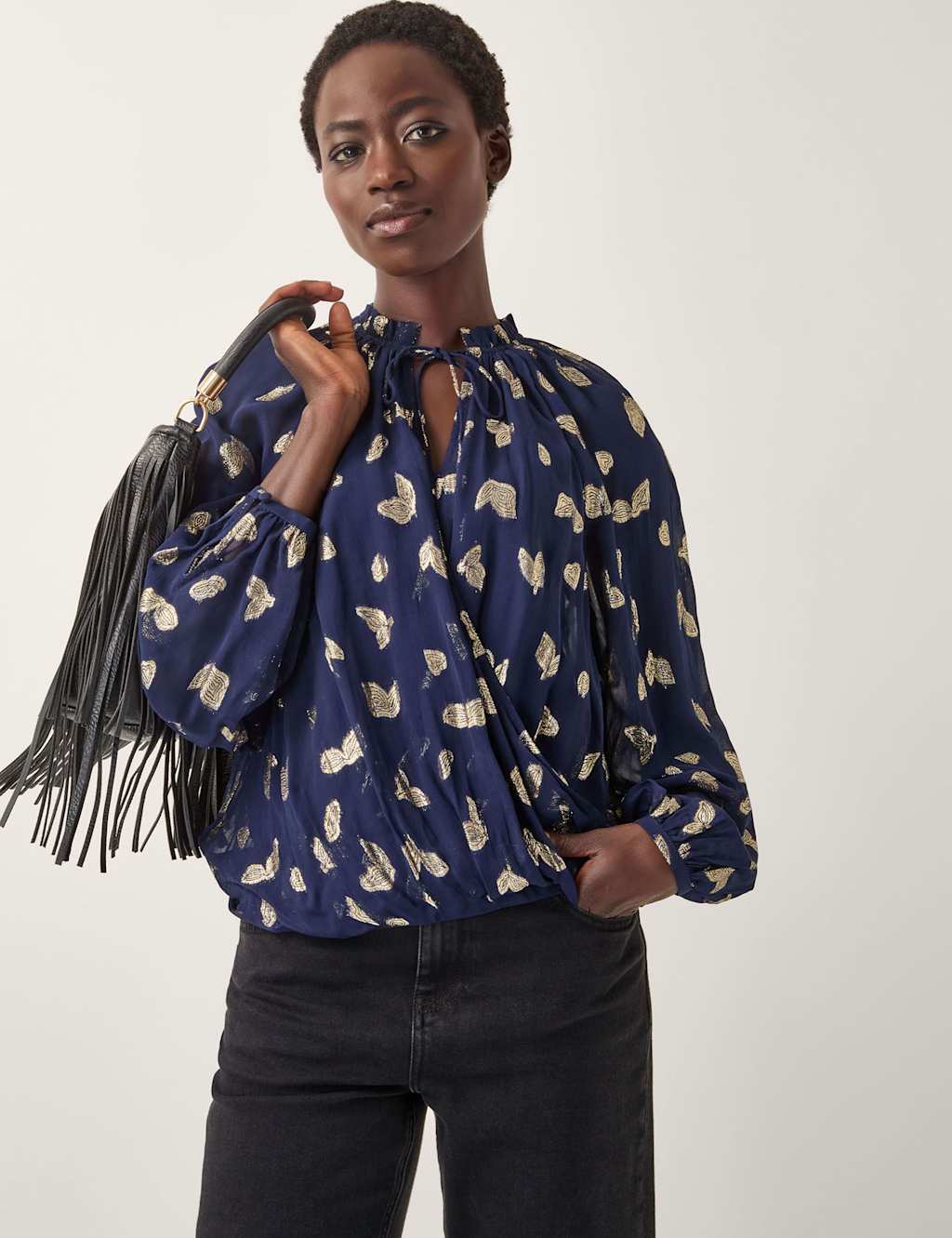 Monsoon Printed Tie Neck Blouse Navy