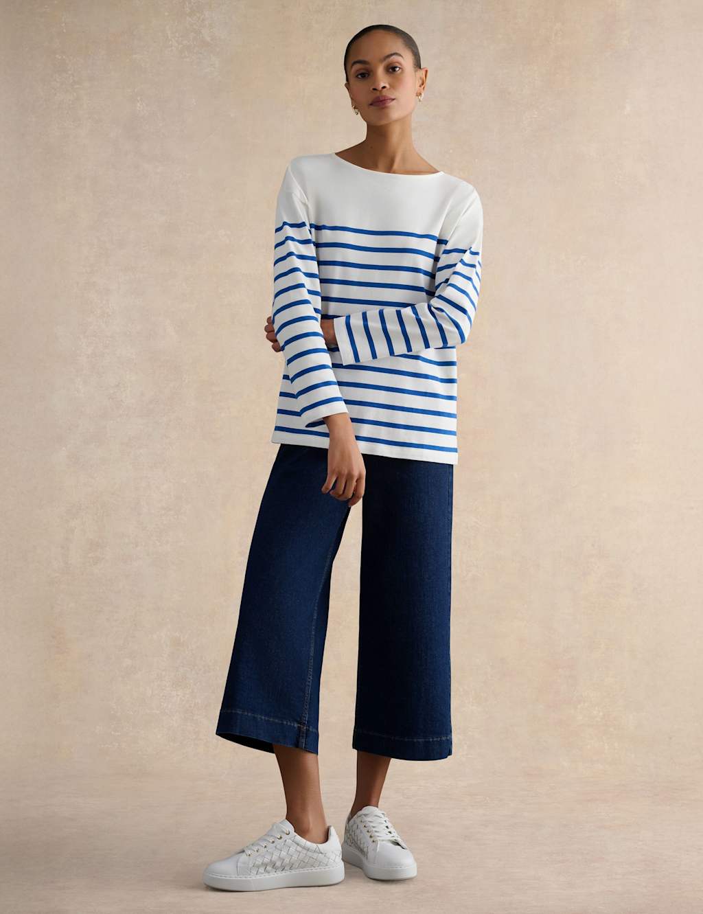 Hobbs Women's Pure Cotton Striped Slash Neck Top - Small - Blue Mix - Available at M&S