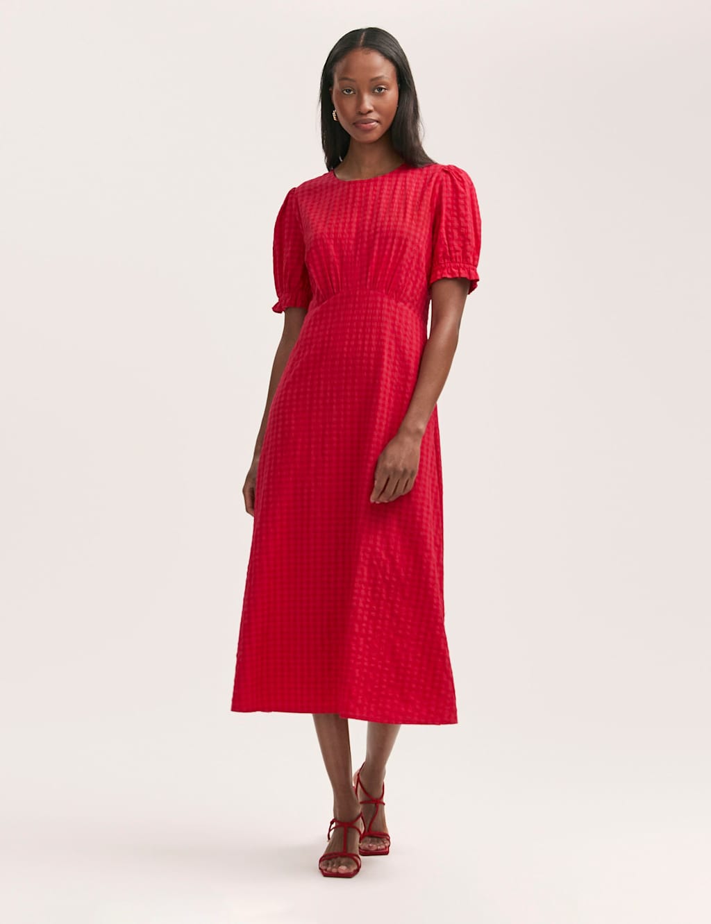 Cotton Blend Gingham Midi Tea Dress