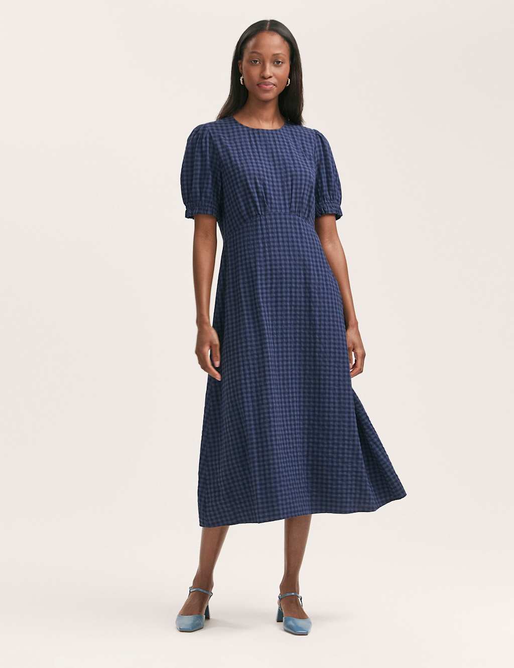 Cotton Blend Gingham Midi Tea Dress