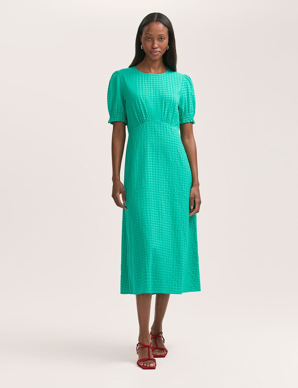Cotton Blend Gingham Midi Tea Dress