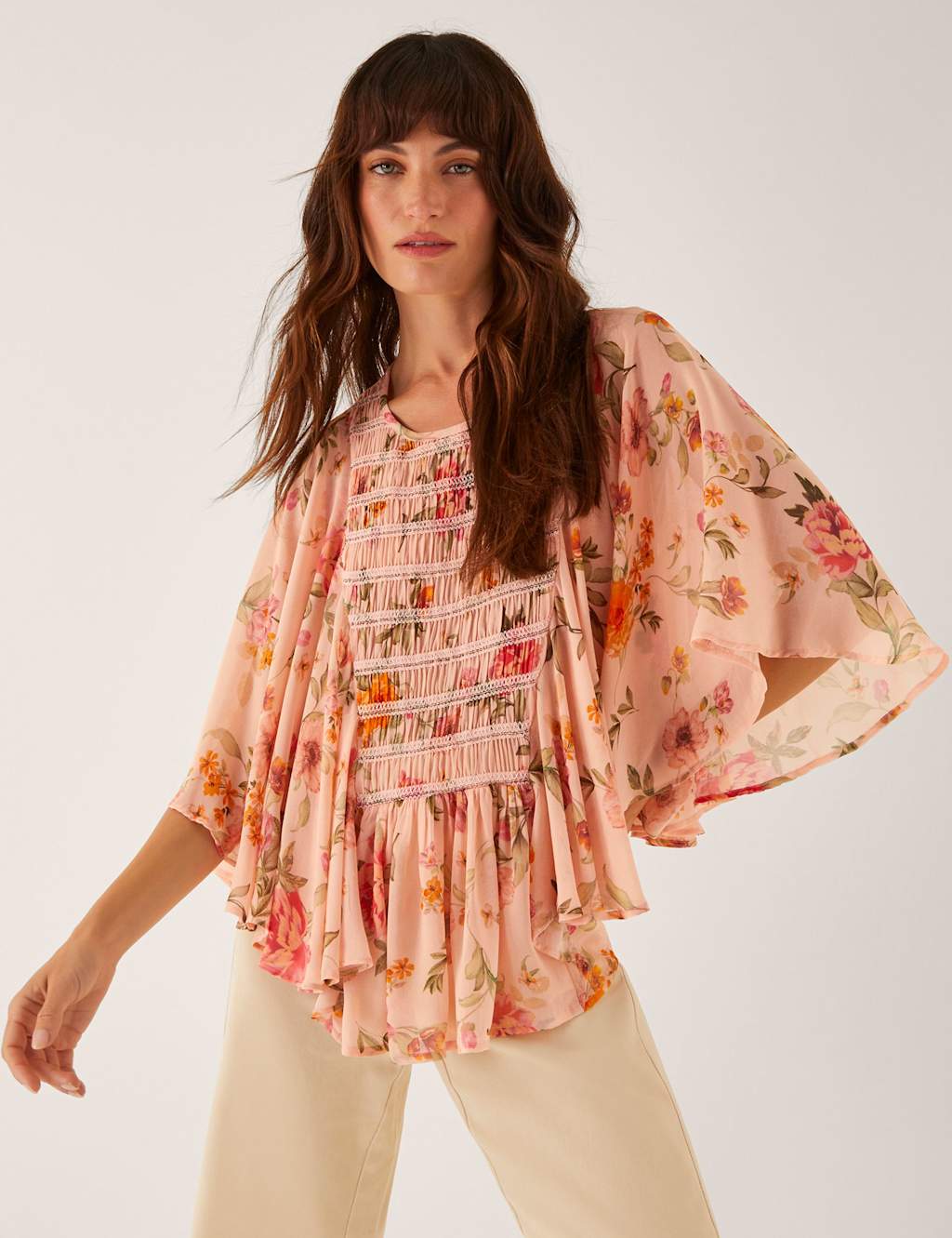 Monsoon Floral Shirred Blouse Nude