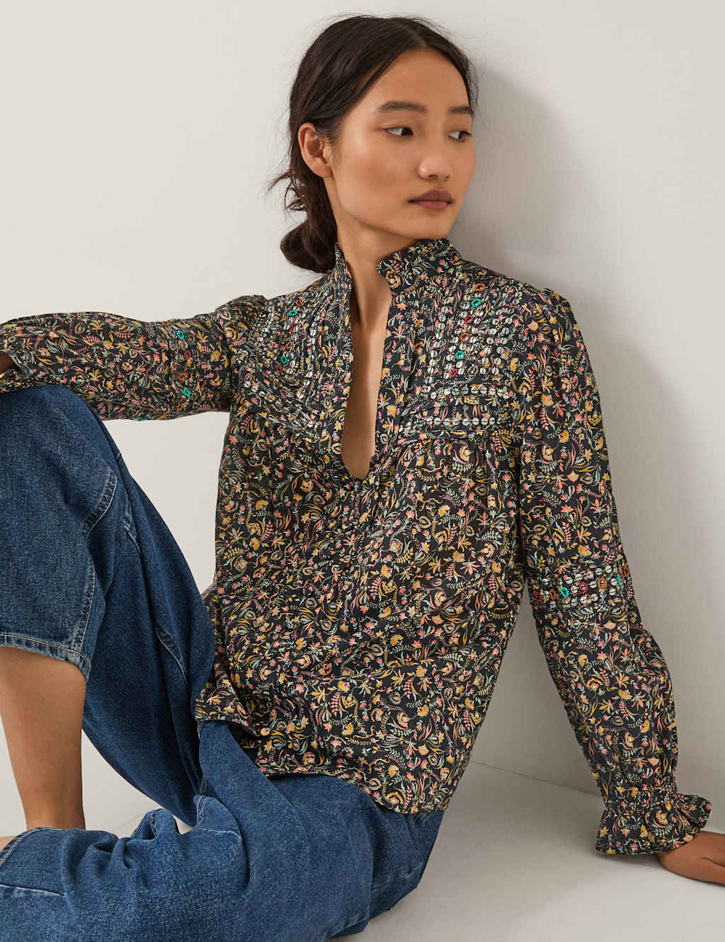 Monsoon Pure Cotton Floral V-Neck Blouse Black