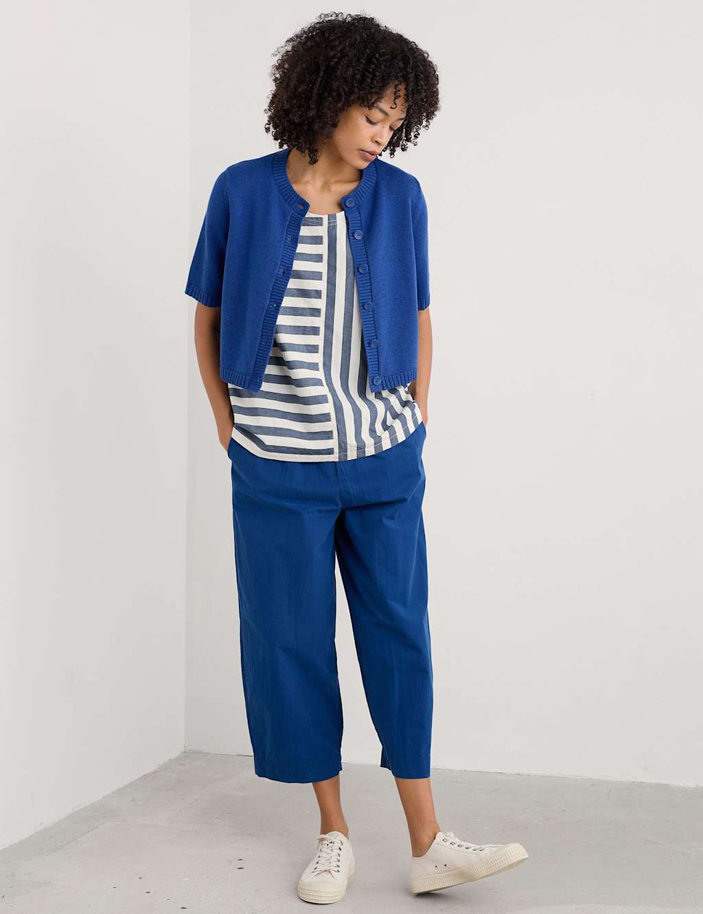 Seasalt Cornwall Women's Pure Cotton Crew Neck Cardigan - 12 - Blue, Blue,Natural,Purple