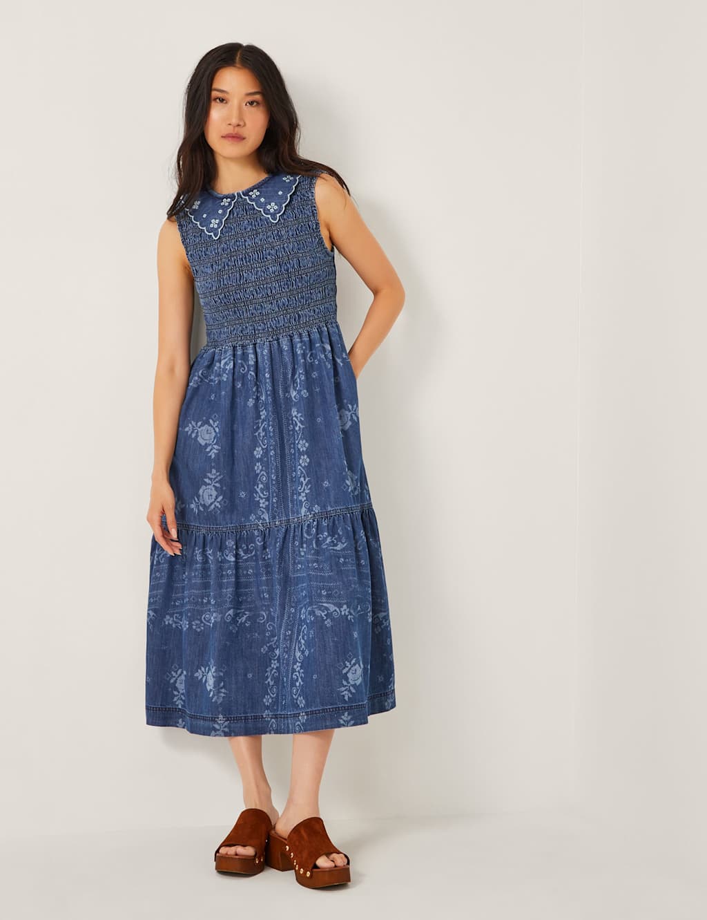 Monsoon Women's Cecily Floral Smocked Denim Midi Dress Blue - Blue Denim, Blue Denim