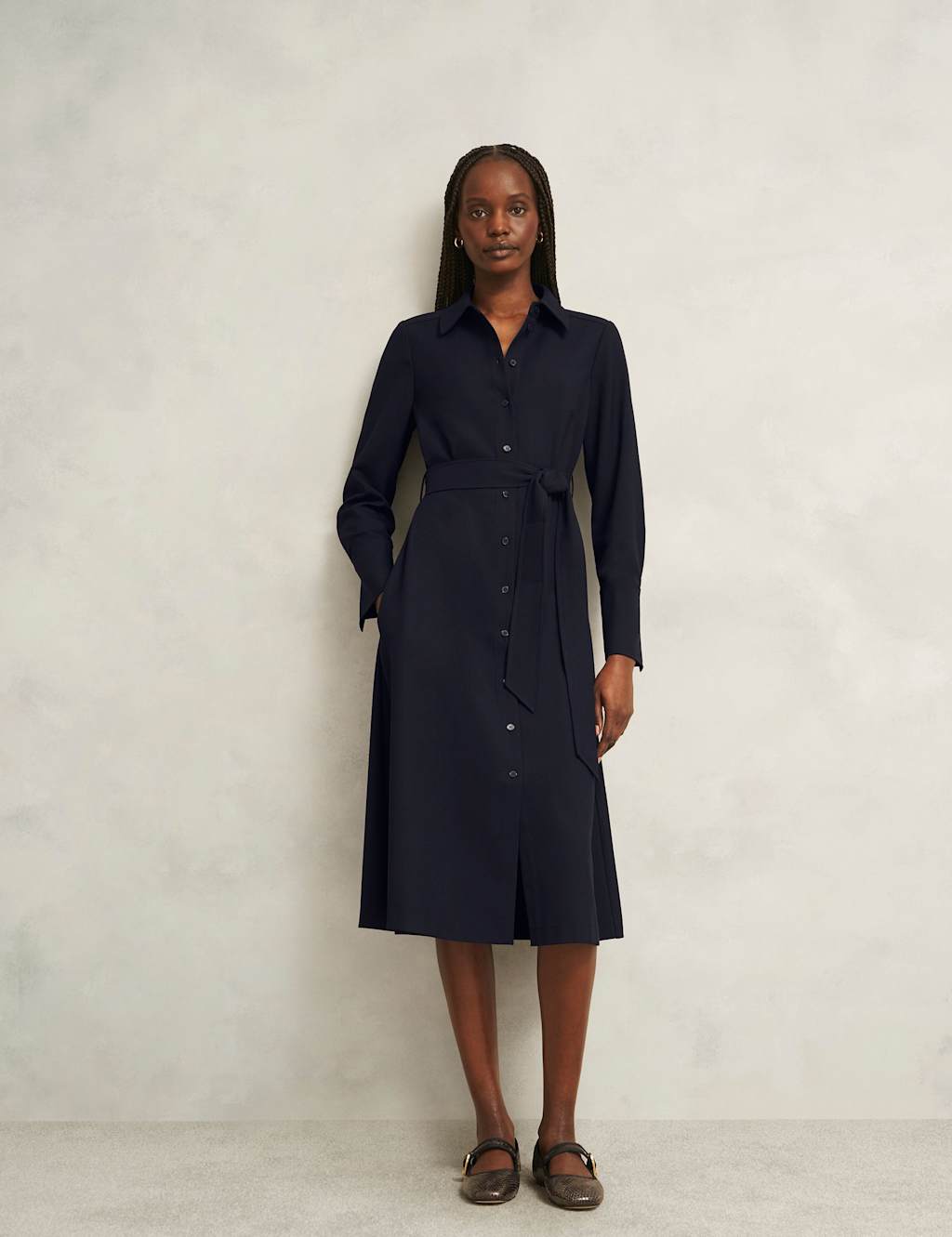 HOBBS Tie Waist Midi Shirt Dress Navy