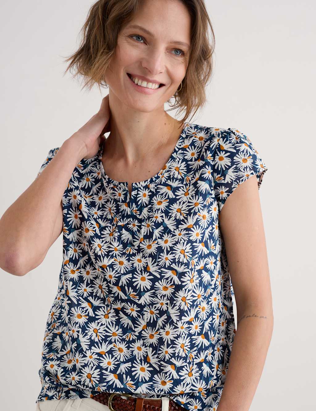 Pure Cotton Floral Scoop Neck T-Shirt