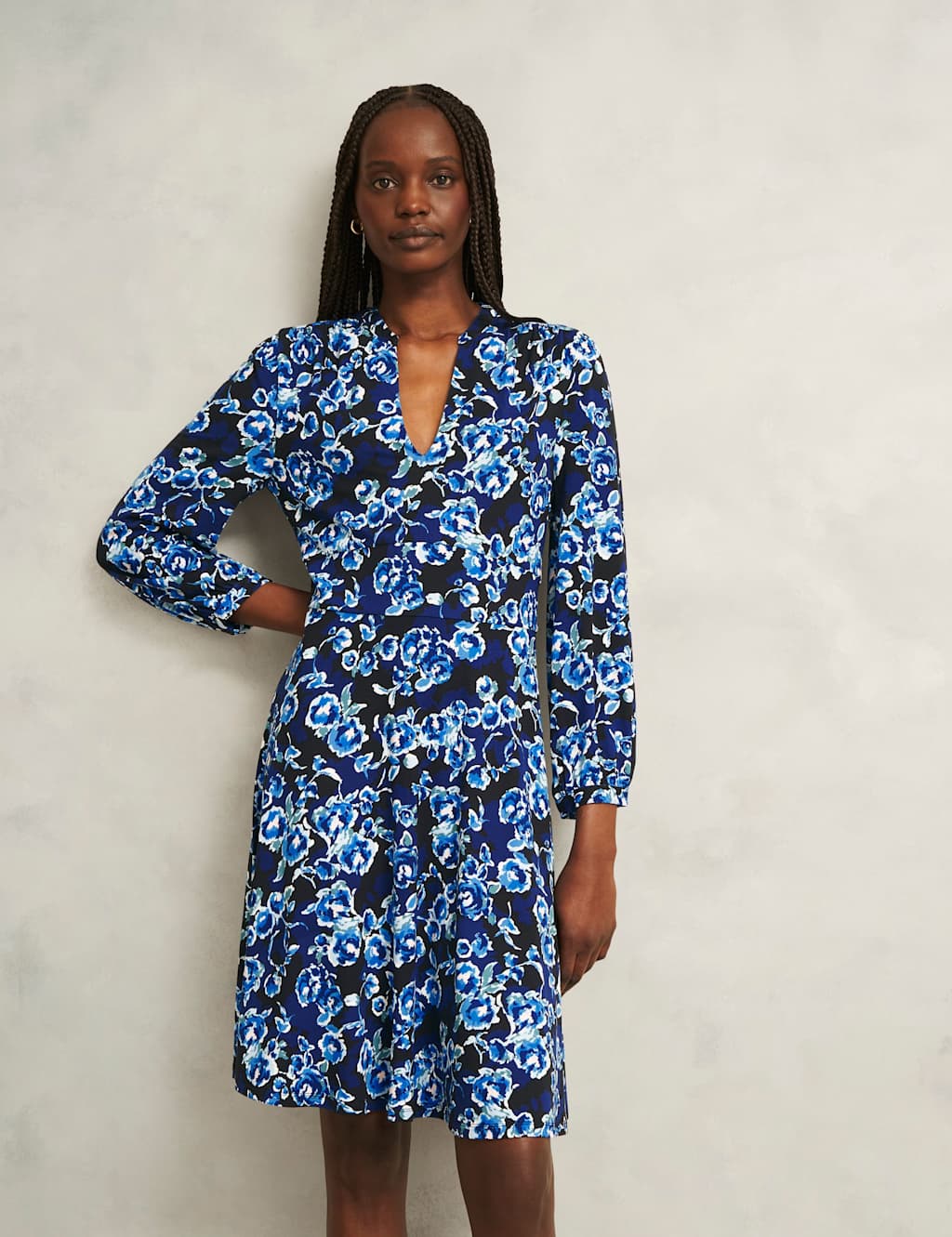 HOBBS Floral V-Neck Midi Shift Dress Blue Mix