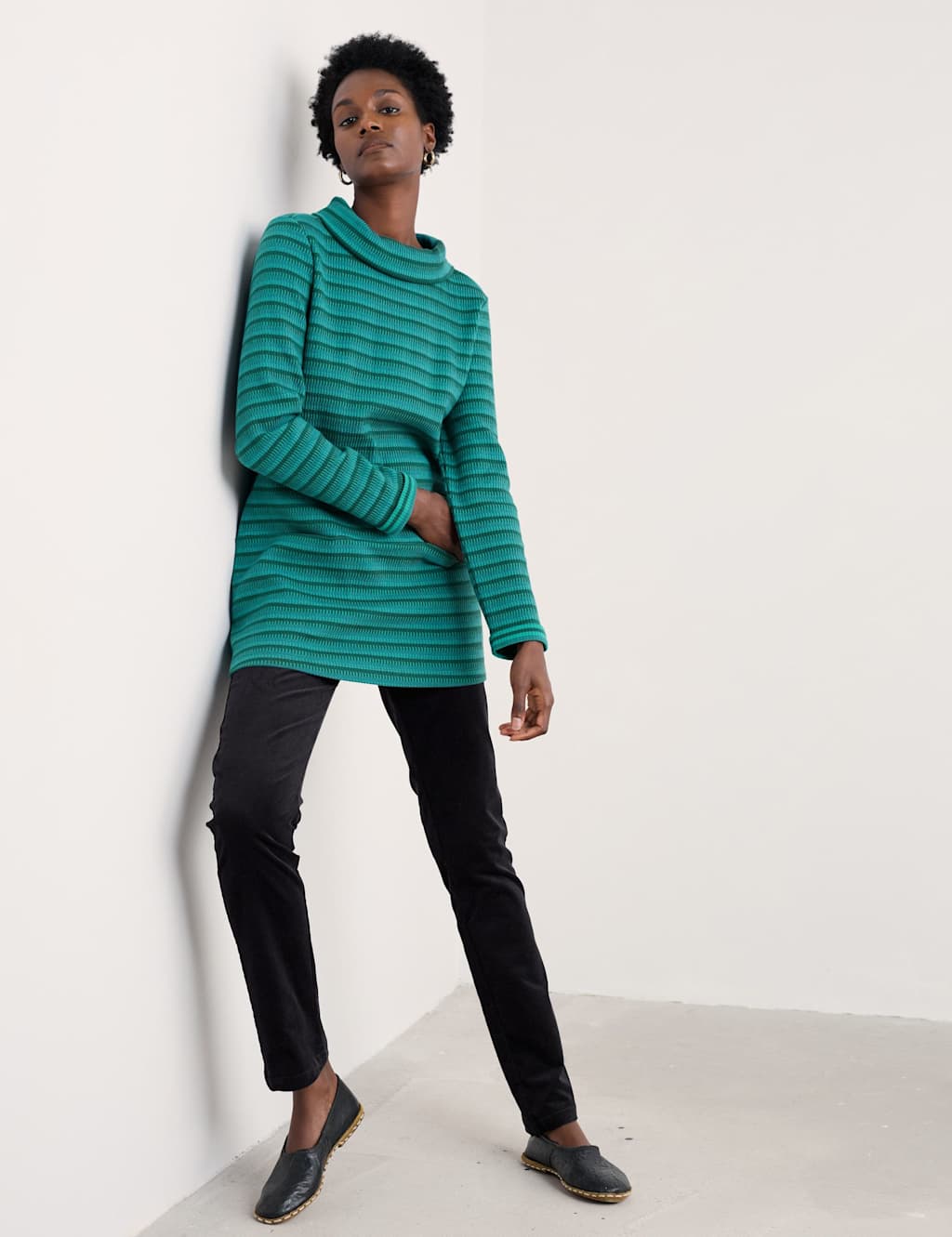 Seasalt Cornwall Pure Cotton Jacquard Roll Neck Tunic Teal Mix