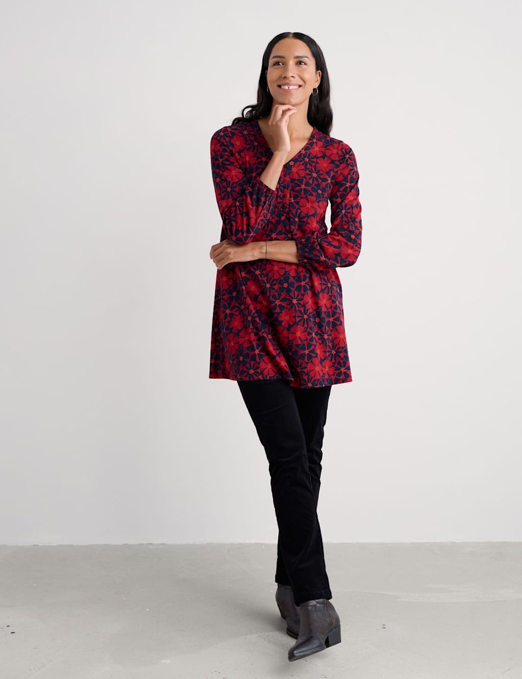 Seasalt Cornwall Cotton Modal Blend Floral V-Neck Tunic Red Mix