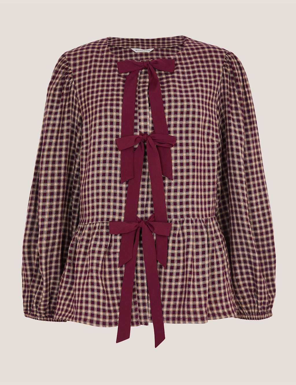 Monsoon Women's Check Tie Front Peplum Blouse - Small - Cherry Red - Available at M&S