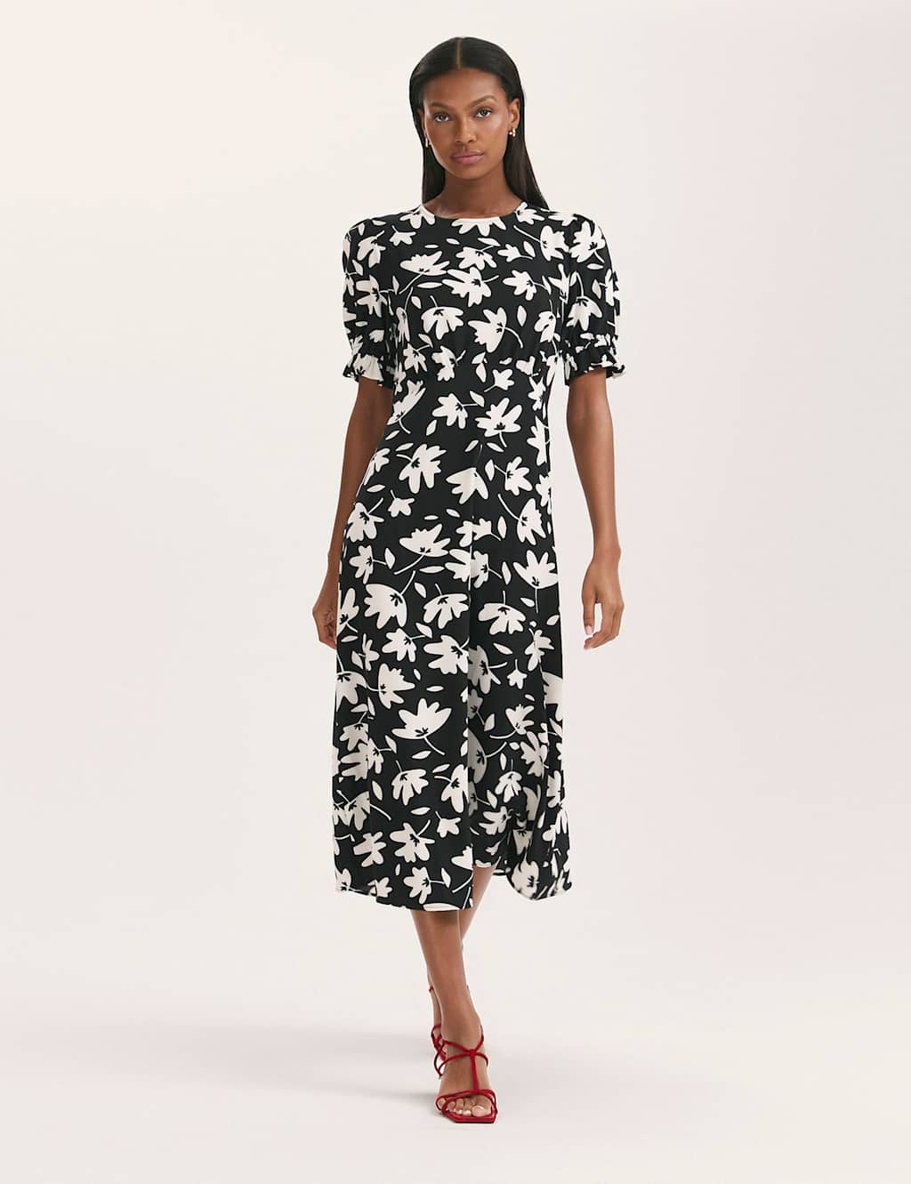 Finery London Women's Jersey Floral Midi Waisted Dress - 8 - Black Mix - Available at M&S