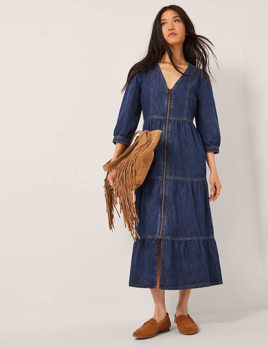 Monsoon Women's Maya Zip Denim Midi Dress Blue - Indigo, Indigo