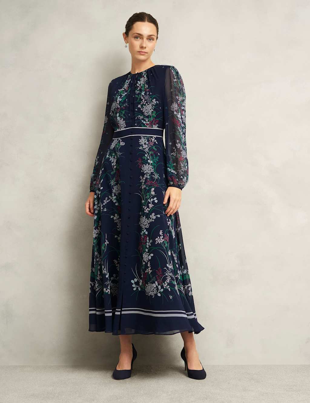 HOBBS Silk Floral Round Neck Midaxi Waisted Dress Navy Mix