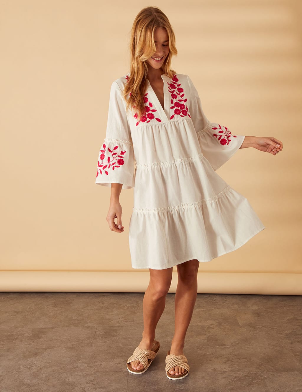 ACCESSORIZE Cotton Rich Embroidered V-Neck Beach Dress White Mix