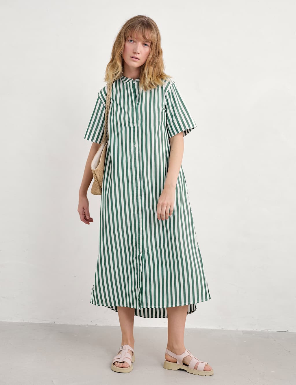 Pure Cotton Striped Midi Shirt Dress