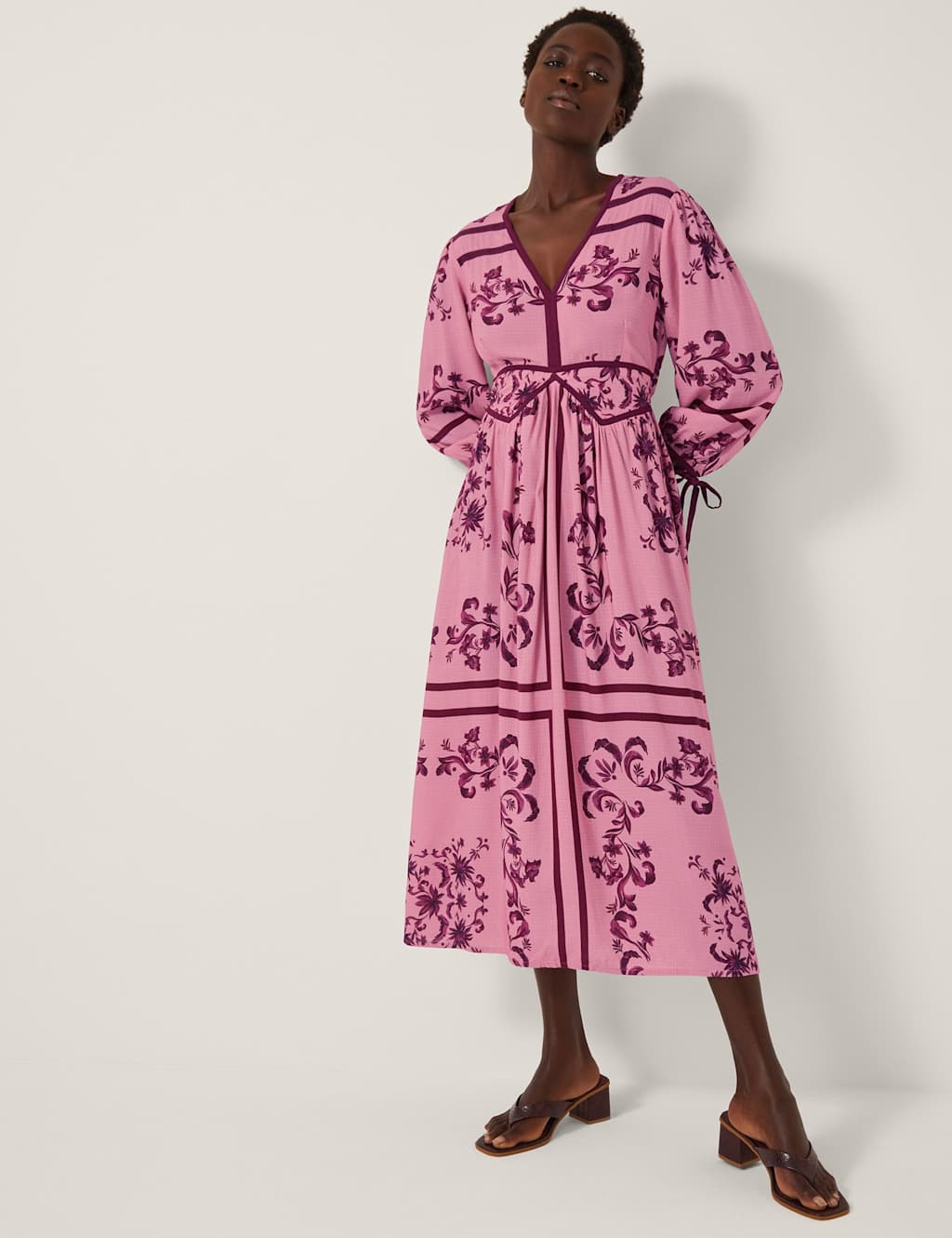 Monsoon Floral V-Neck Midi Waisted Dress Pink Mix