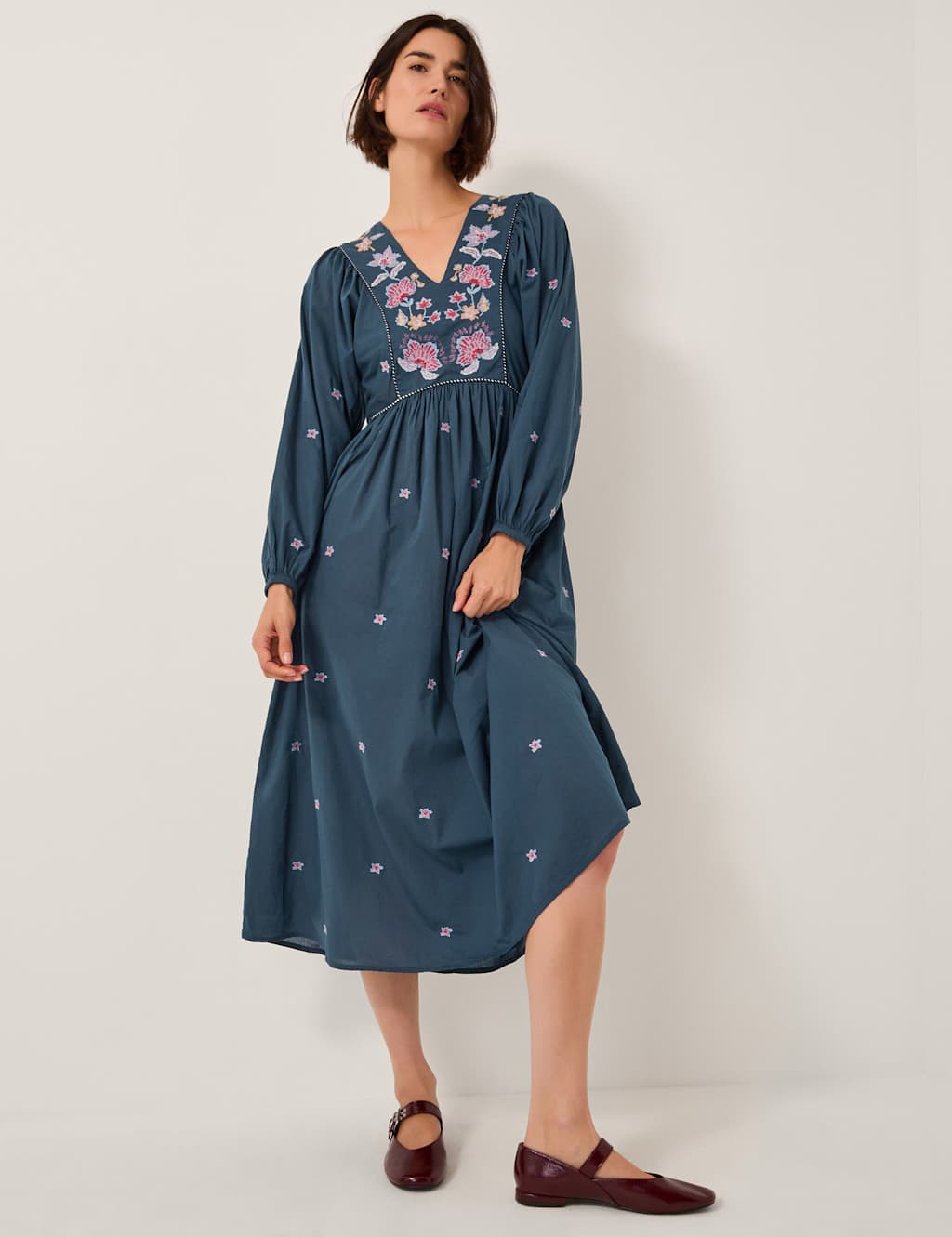 Monsoon Pure Cotton Embroidered V-Neck Maxi Skater Dress Blue
