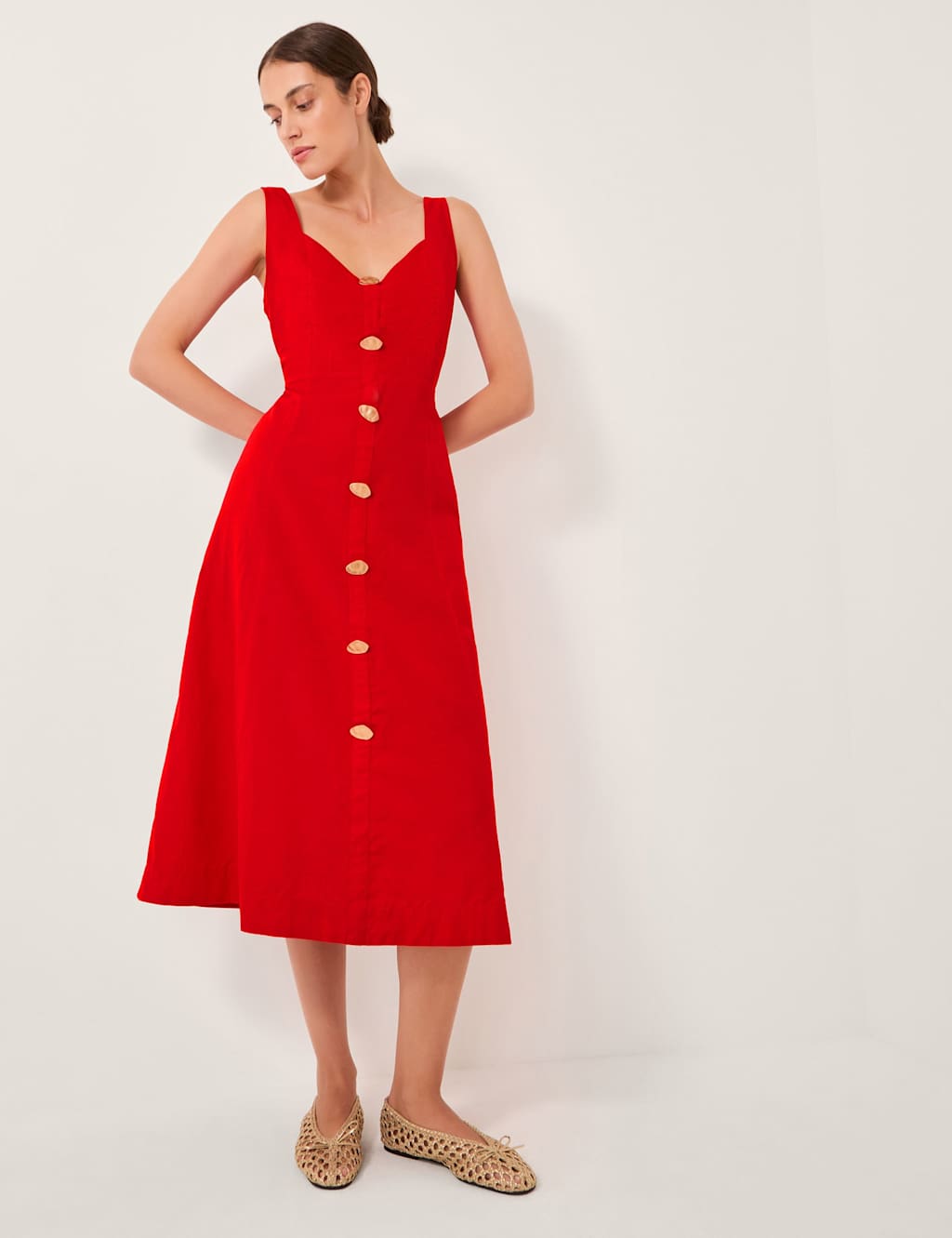 Monsoon Women's Cotton Rich Button Front Midi Dress with Linen - XXL - Red, Red