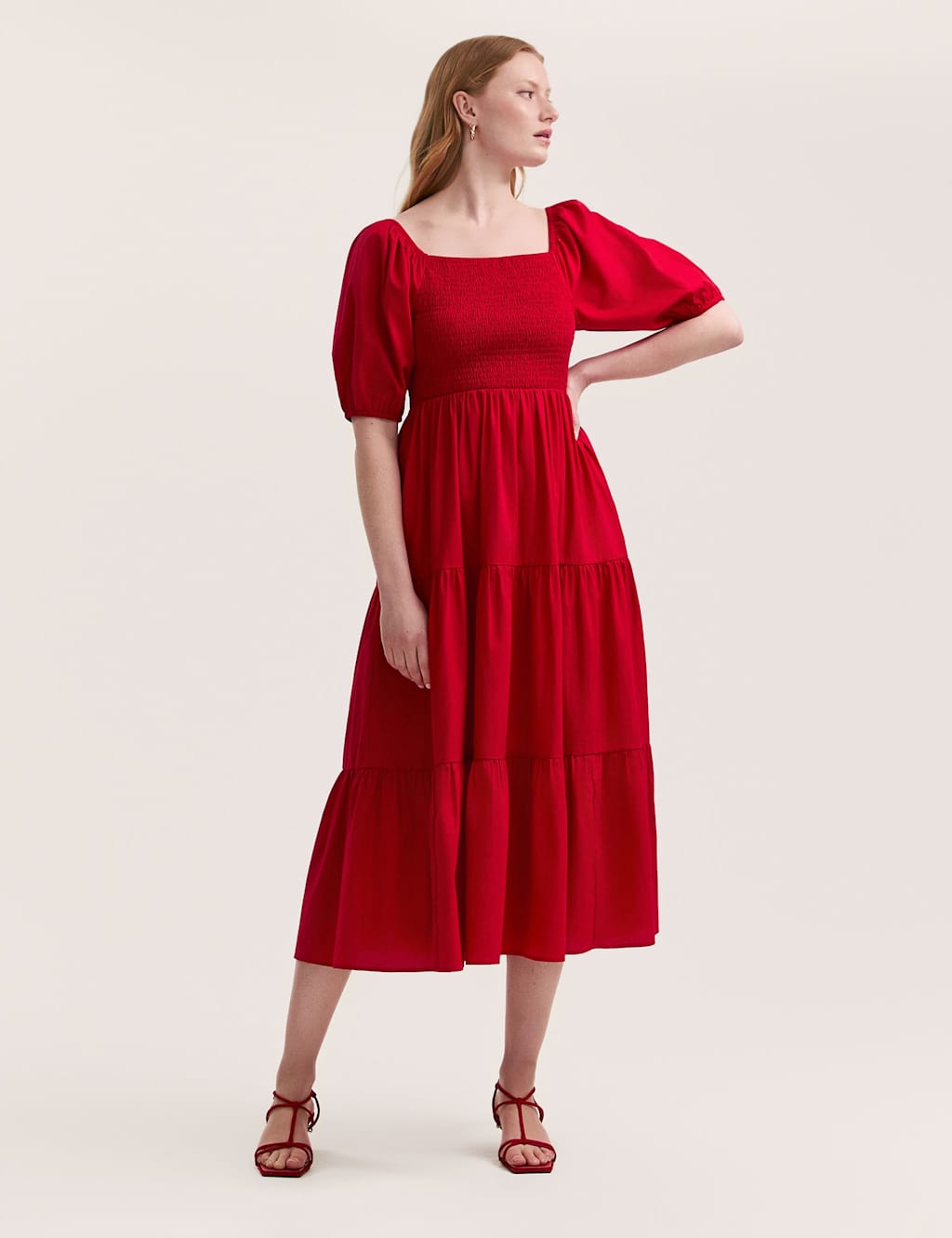 Pure Cotton Square Neck Midi Tiered Dress