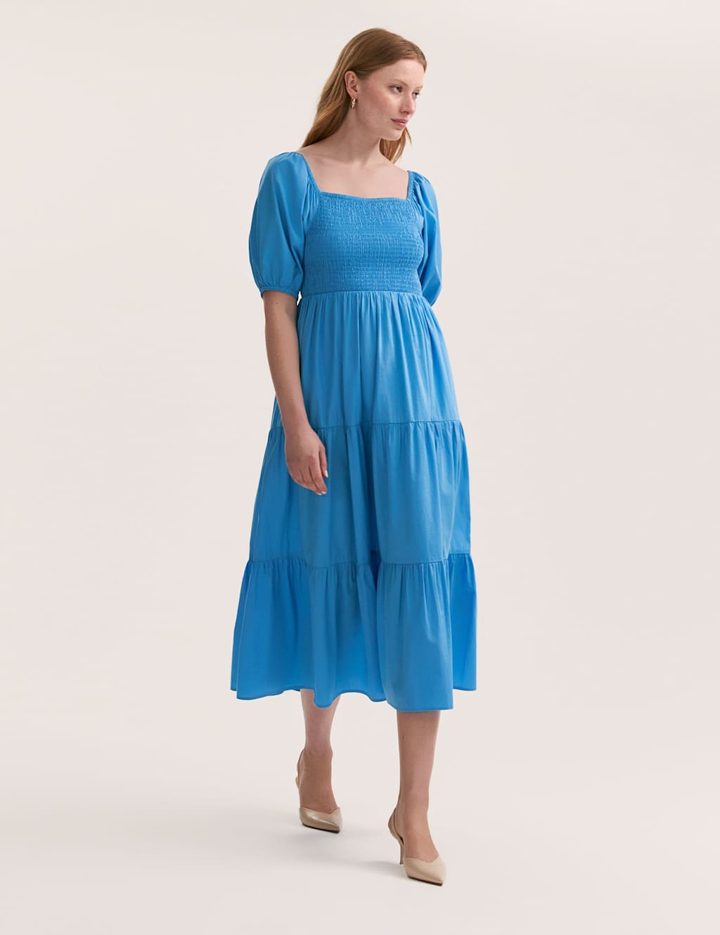Pure Cotton Square Neck Midi Tiered Dress