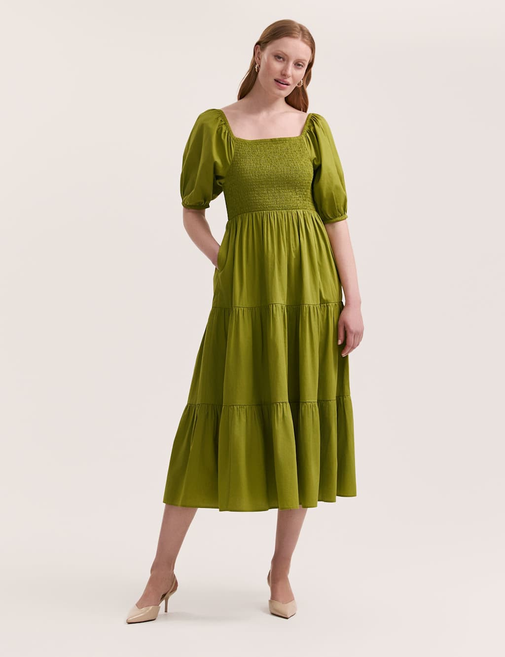 Pure Cotton Square Neck Midi Tiered Dress