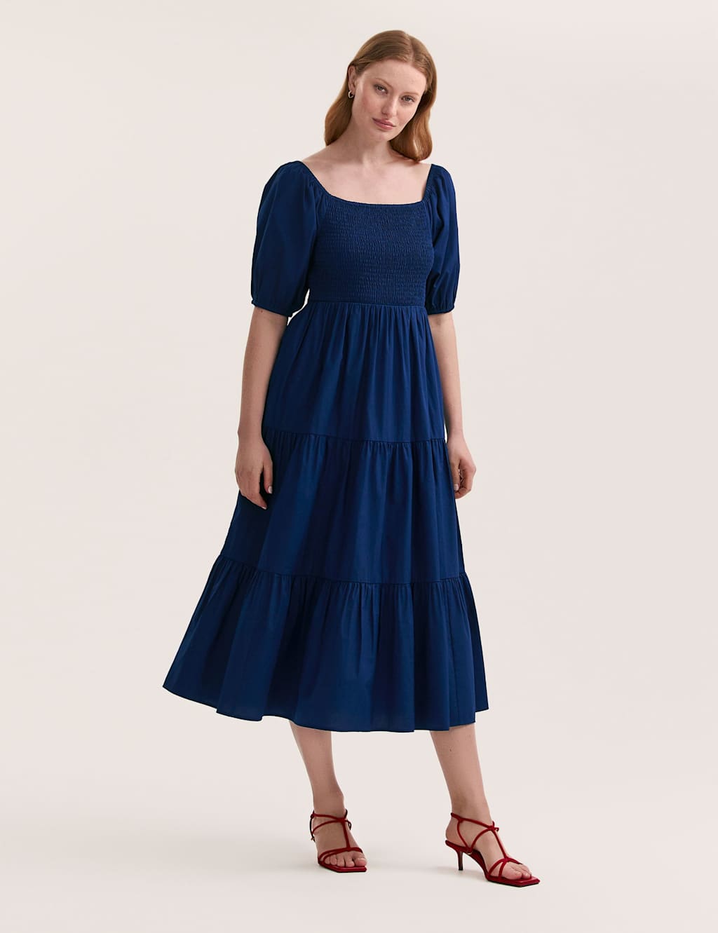 Pure Cotton Square Neck Midi Tiered Dress