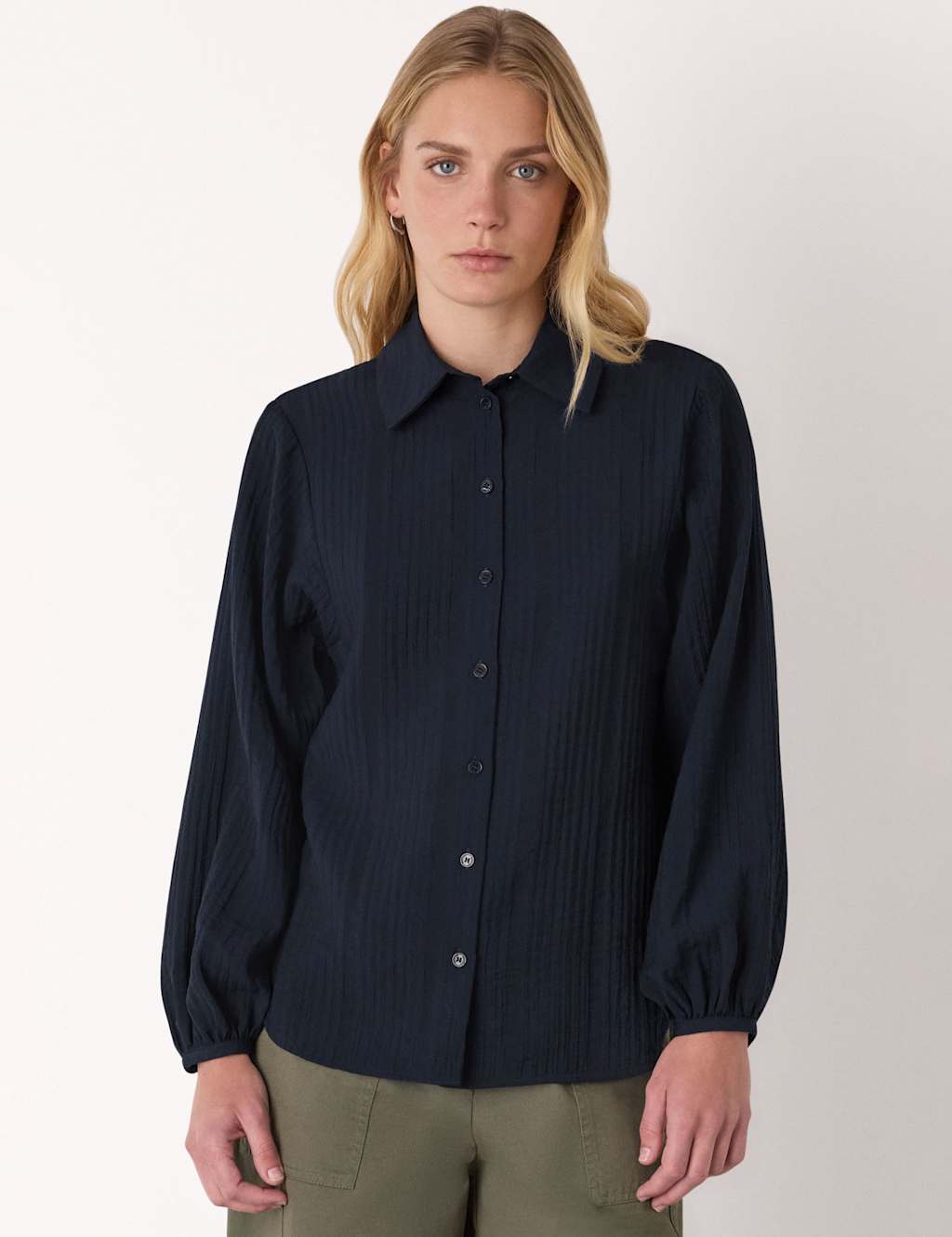 Whistles Textured Blouson Sleeve Shirt Navy