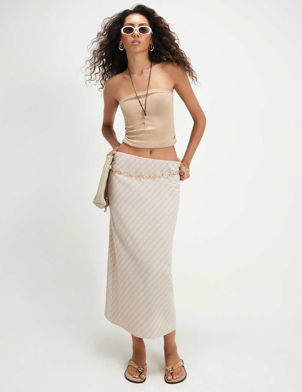 River Island Women's Striped Midi Slip Skirt - 6 - Cream Mix - Available at M&S