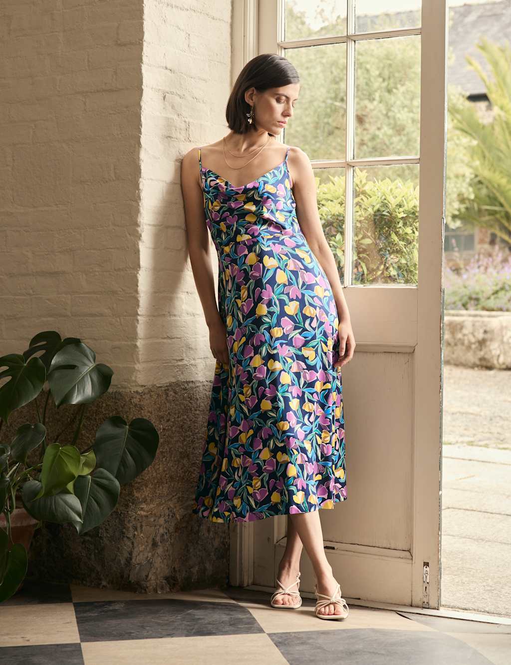 Floral Cowl Neck Strappy Midi Slip Dress