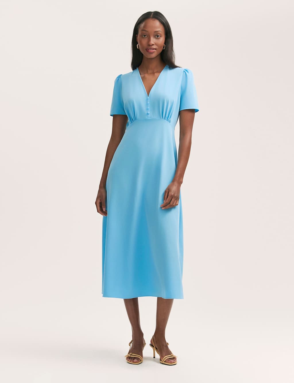 V-Neck Button Front Midi Tea Dress