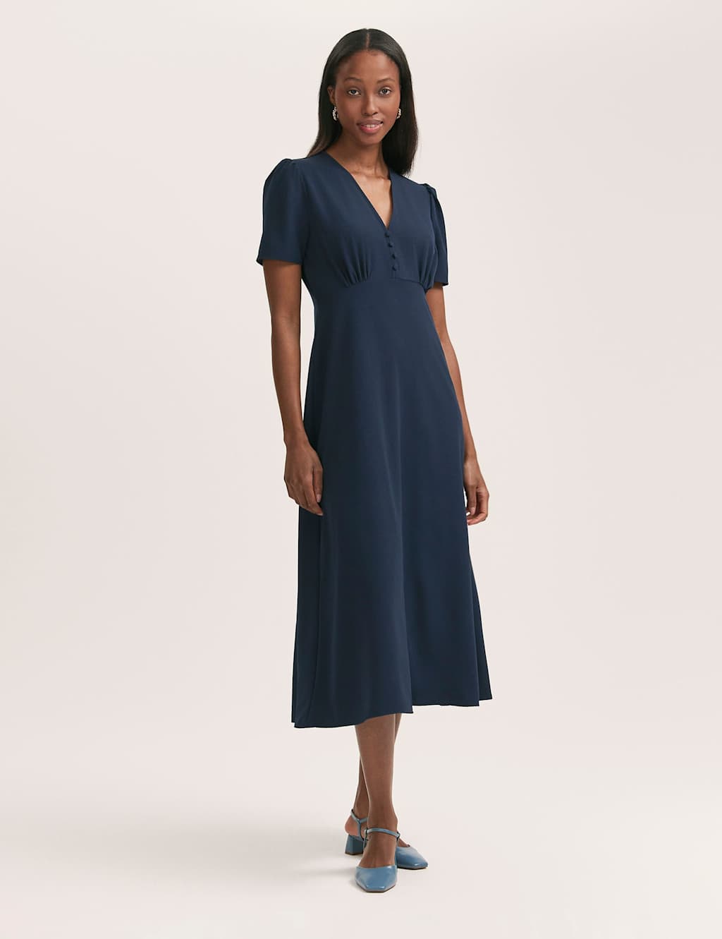 V-Neck Button Front Midi Tea Dress