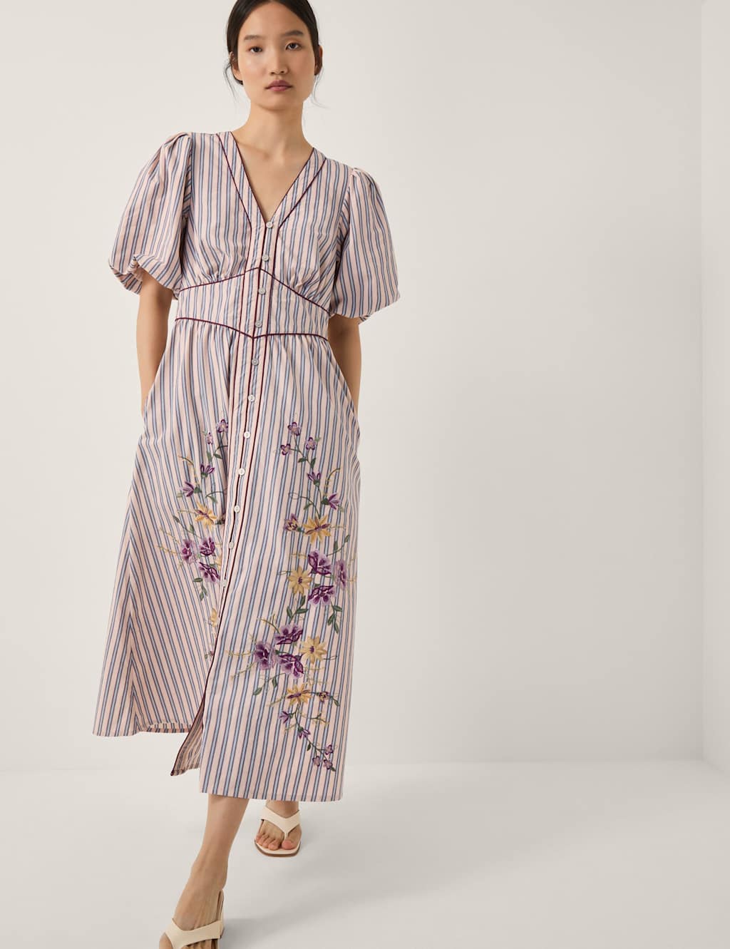 Monsoon Pure Cotton Embroidered V-Neck Midi Dress Pink