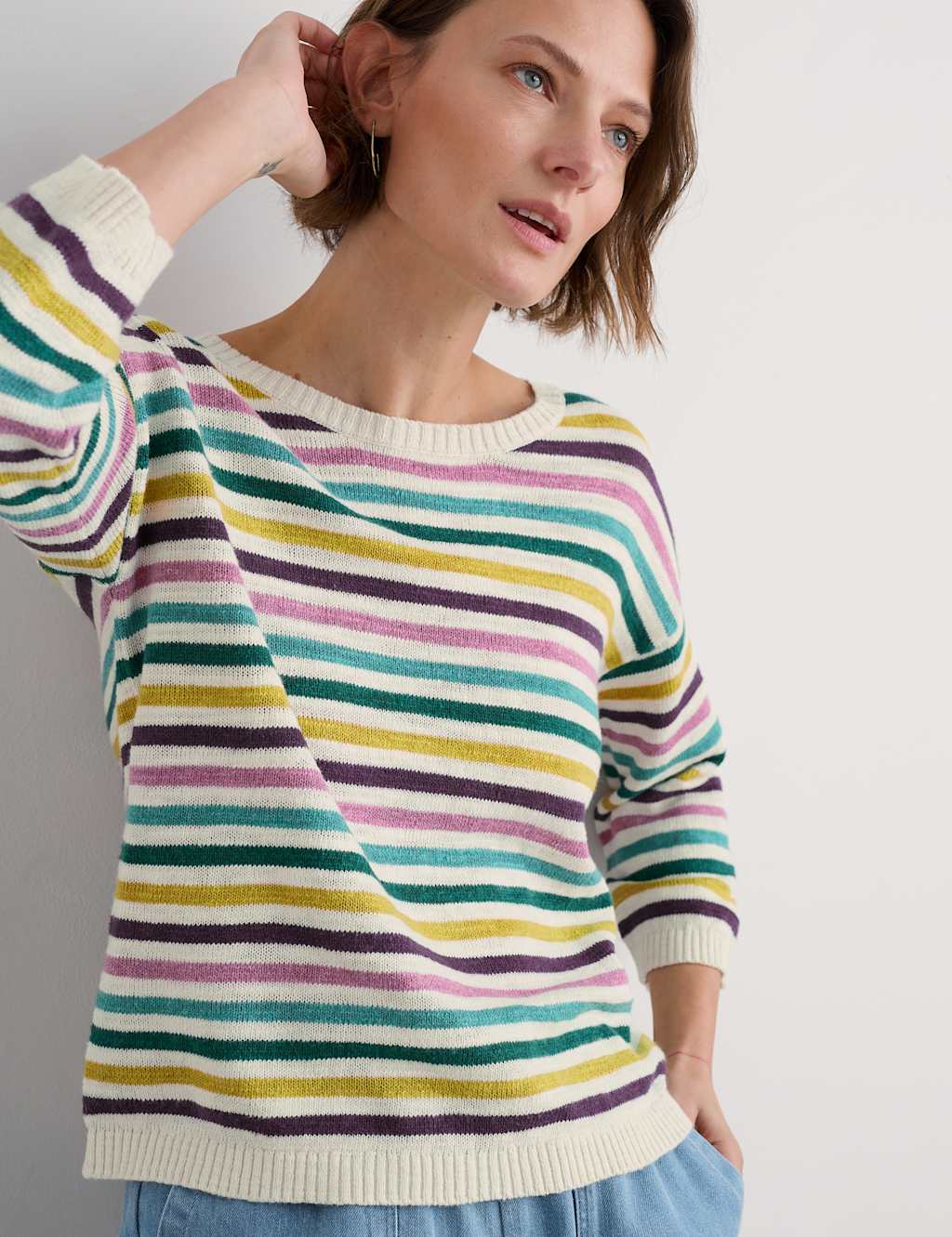 Cotton Rich Striped Jumper with Linen