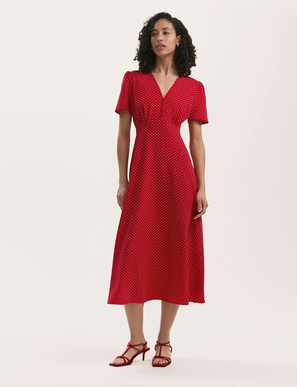Finery London Polka Dot V-Neck Midi Tea Dress Red Mix