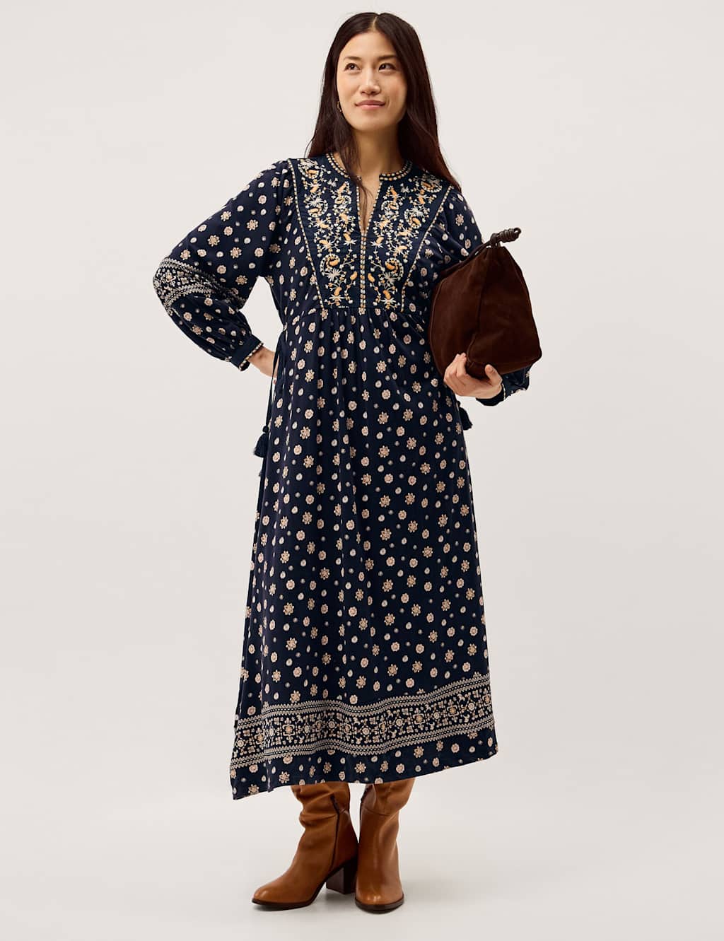 Monsoon Women's Jersey Printed Notch Neck Midi Tea Dress - Medium - Navy Mix - Available at M&S