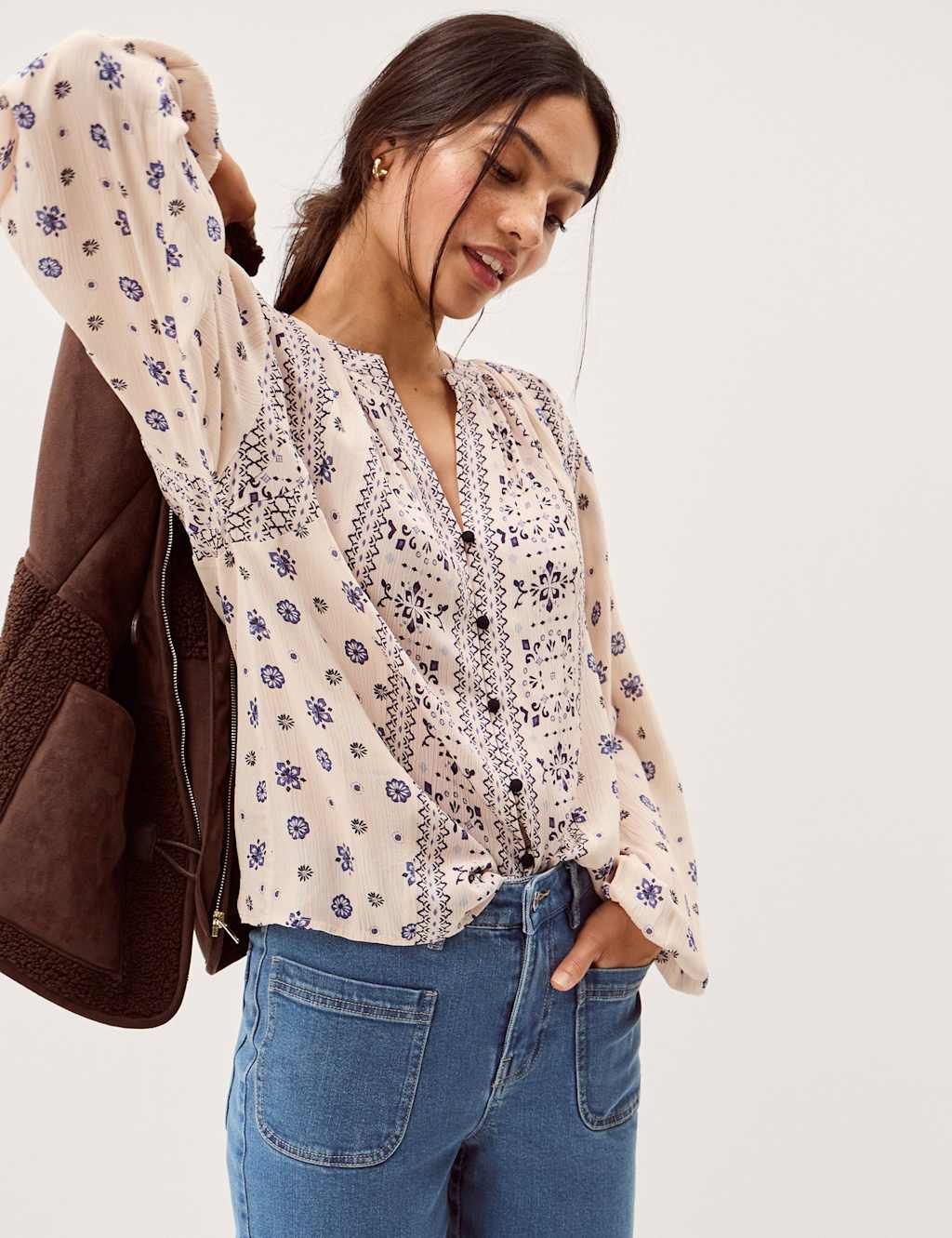 Monsoon Women's Printed V-Neck Top - Large - Ivory Mix - Available at M&S