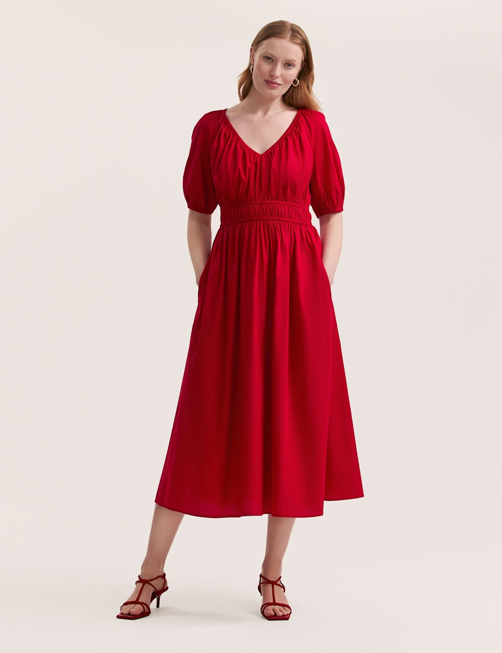 Pure Cotton V-Neck Midi Waisted Dress