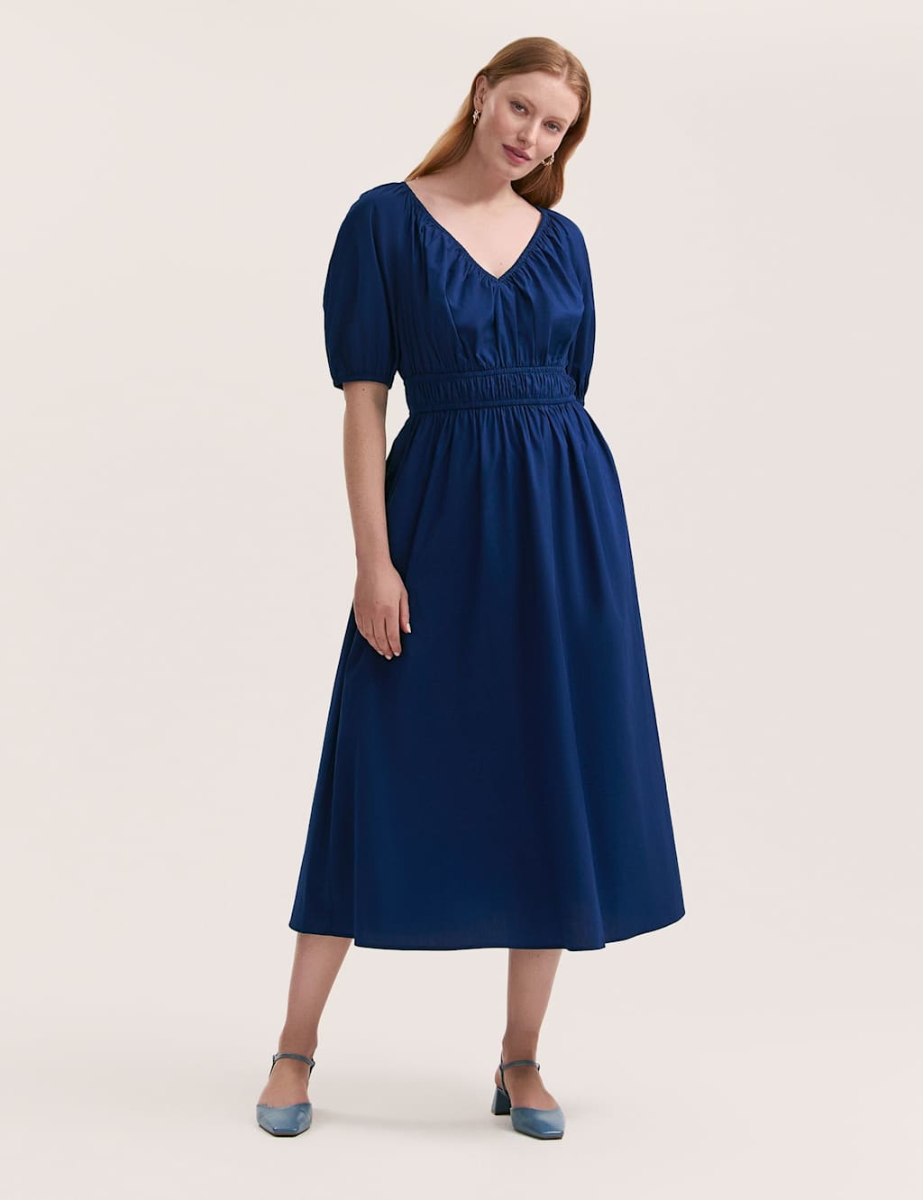 Finery London Pure Cotton V-Neck Midi Waisted Dress Indigo