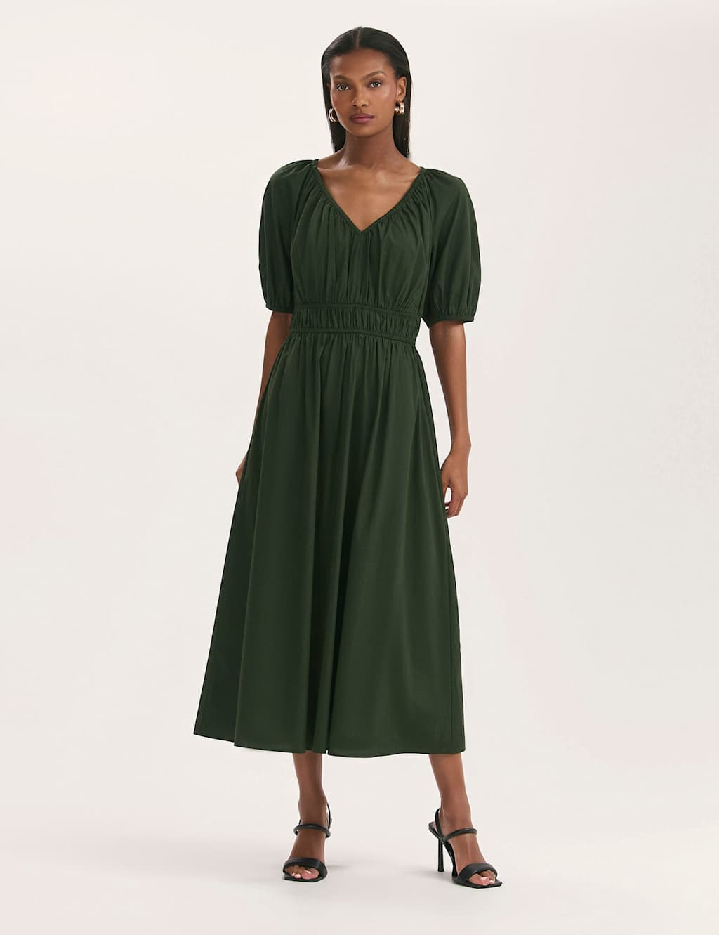 Finery London Women's Pure Cotton V-Neck Midi Waisted Dress - 12 - Dark Khaki - Available at M&S