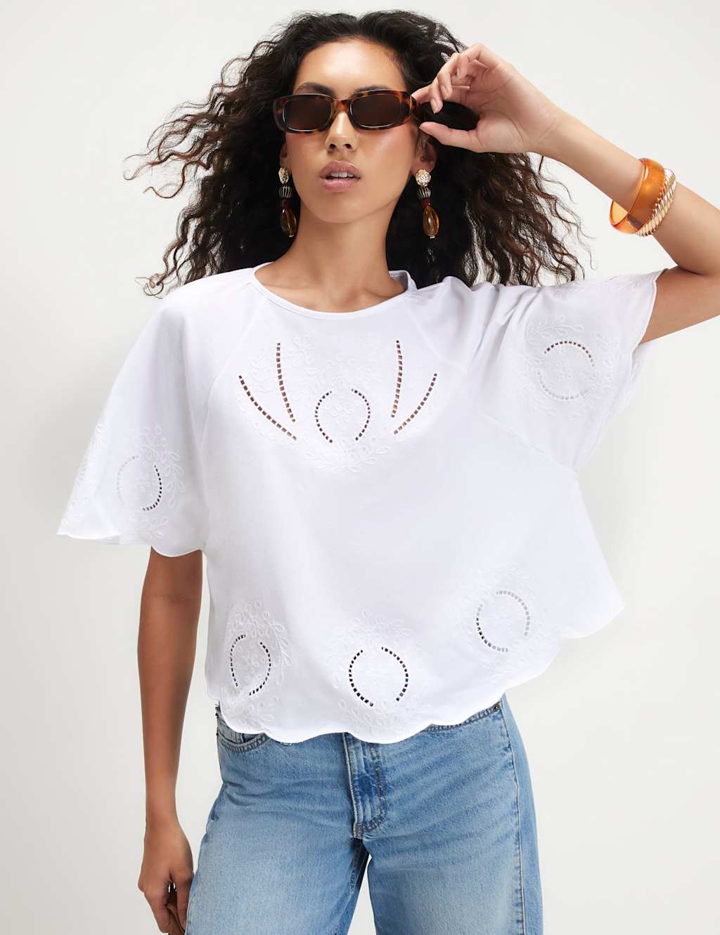 River Island Women's Embroidered Angel Sleeve T-Shirt - Large - White Mix - Available at M&S