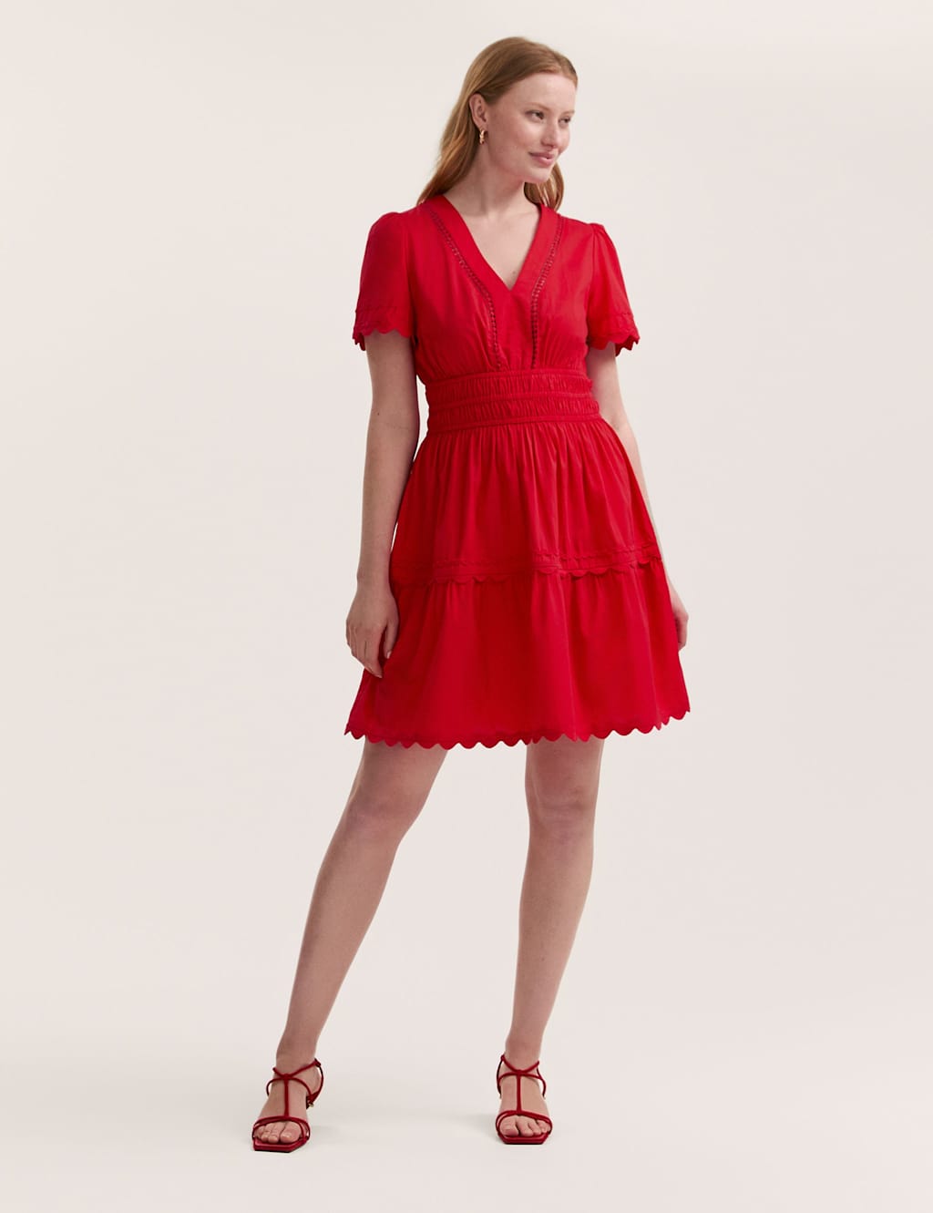 Pure Cotton V-Neck Knee Length Tiered Dress