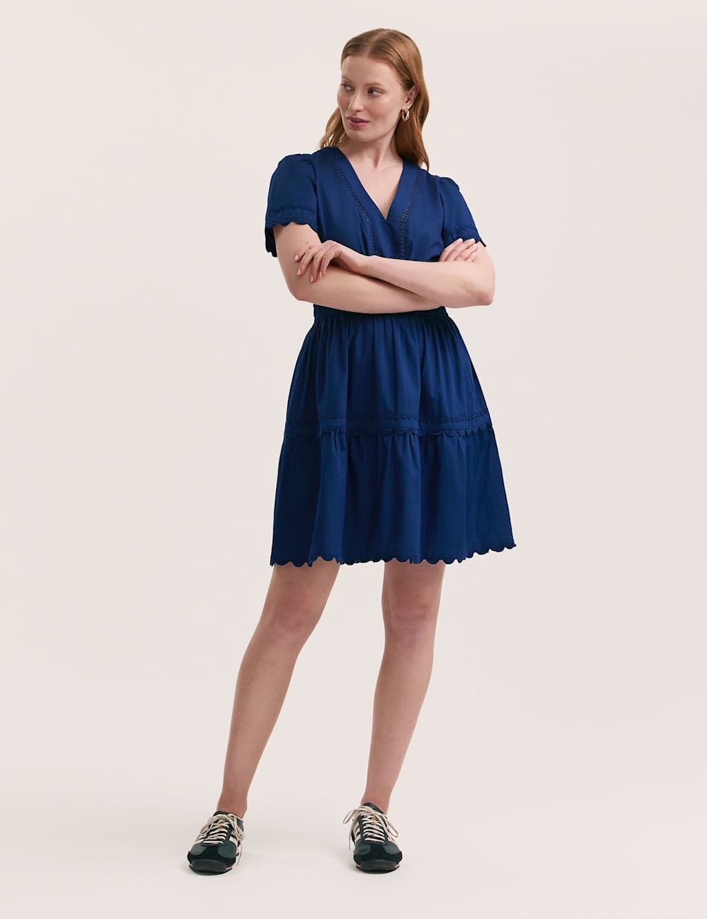 Pure Cotton V-Neck Knee Length Tiered Dress